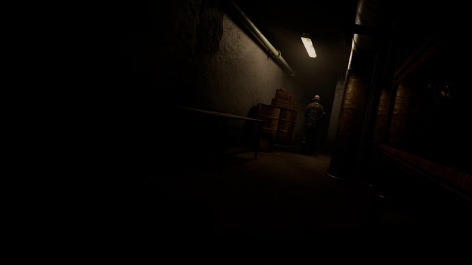 The Metro Awakening VR player character sneaks up on an unsuspecting Scavenger in a very dark corridor. Lots of the game looks this dark.