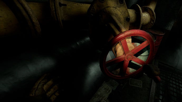 The Metro Awakening VR player character is turning a red wheel to shut off steam. You have to do that a lot in this game.