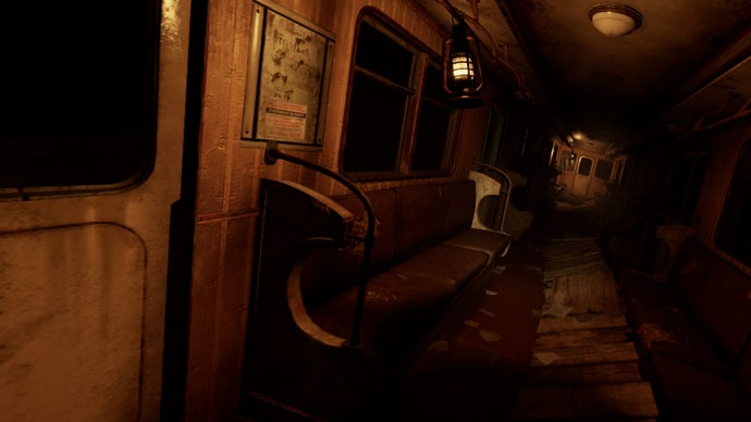 A view down an old abandoned Metro train from Metro Awakening VR. It has been derailed and sits on a slant so wooden boards have been placed along its innards to create a steady walkway.