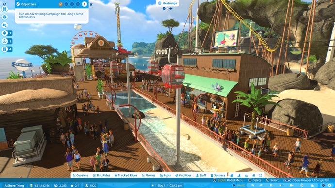 Planet Coaster 2 screenshot showing park guests roaming a beachside promenade in Career mode.