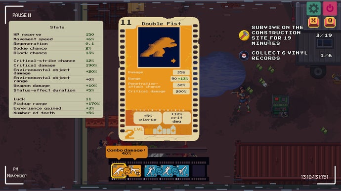 Arcade roguelite game Karate Survivors. We see a yellow card close-up, showing a martial arts move on it and the stats associated with it. This one's a double punch, and it hurts.