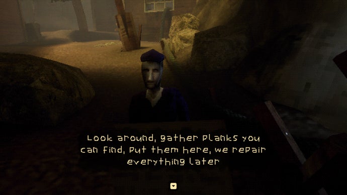 A man in a purple cap talks to the player about gathering wood in a dark tunnel in Threshold.