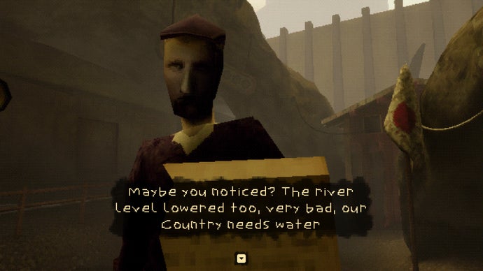 A man in a purple cap talks to the player in a grubby maintenance station at the foot of a large city wall in Threshold.