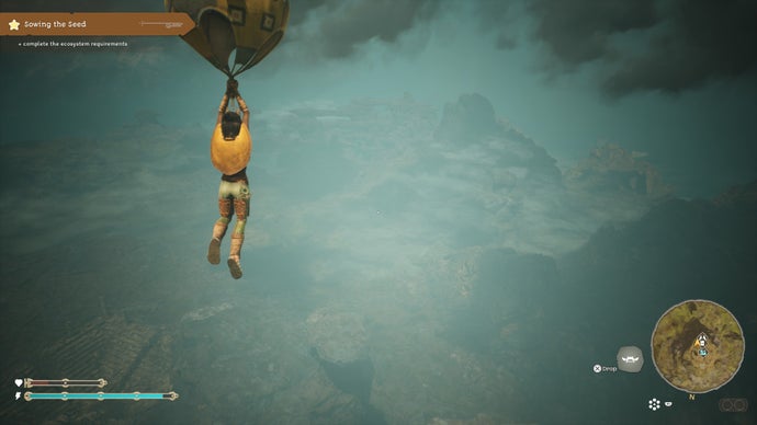 The player swoops across the sky using a glider in Towers of Aghasba