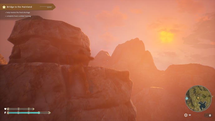 The player climbs a rock at sunset in Towers of Aghasba