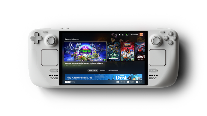 Promotional photo of the Steam Deck OLED: White Edition showing the entire handheld face-on.