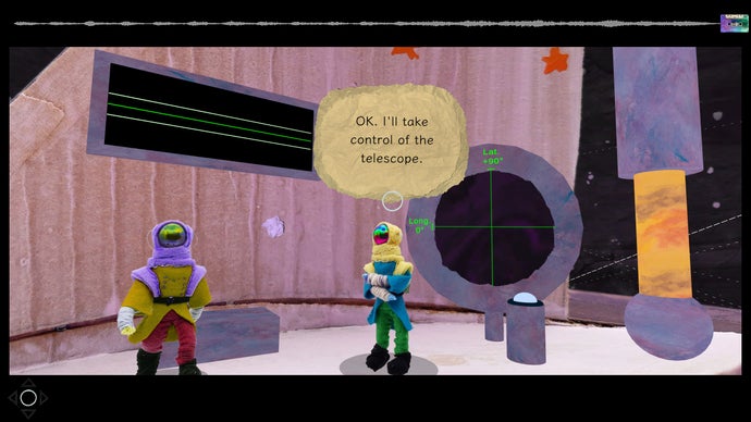 A screenshot from Asterism, showing two characters standing inside a spaceship. The whole scene looks like it's been made out of cardboard and fluffy bits of material - like a Blue Peter project.