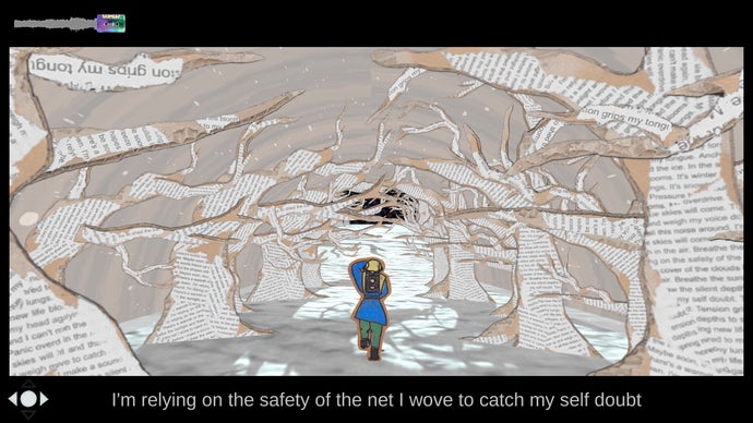 A screenshot from paper crafted game Asterism, showing a character running through a two-dimensional forest made of newspaper cuttings, it looks like.