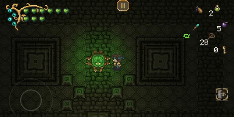 Airoheart standing in a stone chamber near a glowing green orb