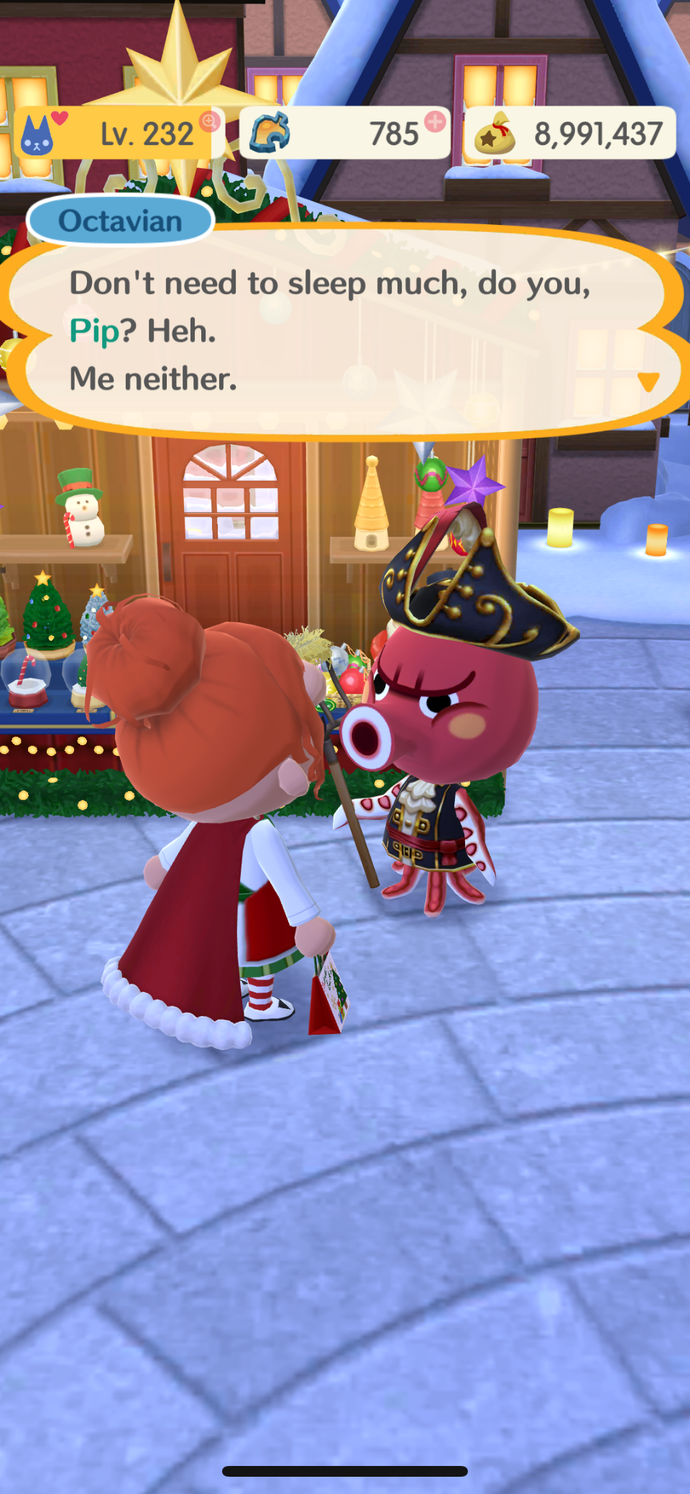 Animal Crossing: Pocket Camp Complete screenshot showing a player in a Christmas outfit talking with Octavian the octopus.