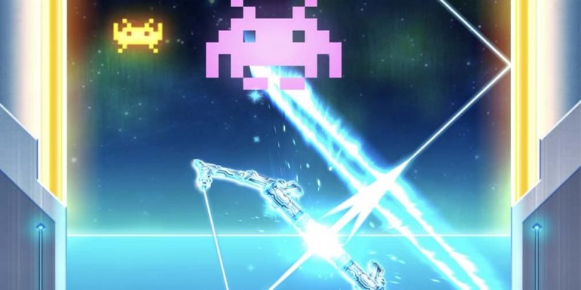 Attack mode with energy arrow being aimed. A big pink alien and a small yellow alien are above the bow and arrow