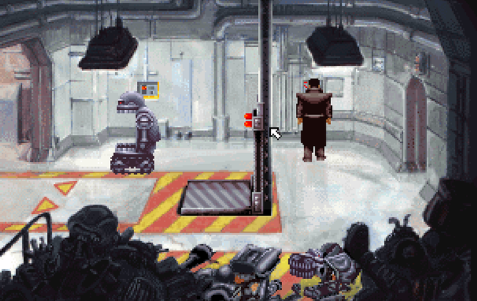 A screenshot of a man turning a handle crank inside a factory in Beneath a Steel Sky.