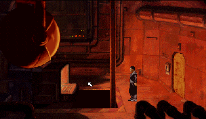 A man enters a room with a conveyer belt, cast in red light, in Beneath a Steel Sky.