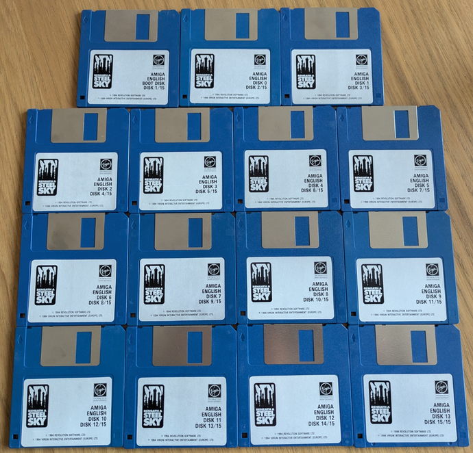 A photograph of all the floppy discs required to play Beneath a Steel Sky.