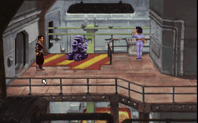 A man approaches a robot and woman inside a factory in Beneath a Steel Sky.