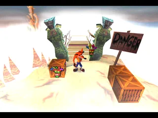 Crash Bandicoot screenshot showing Crash at the beginning of the Road to Nowhere level