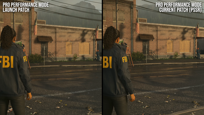 alan wake 2 on ps5 pro: launch vs current patch comparison screenshots, looking at a road and building