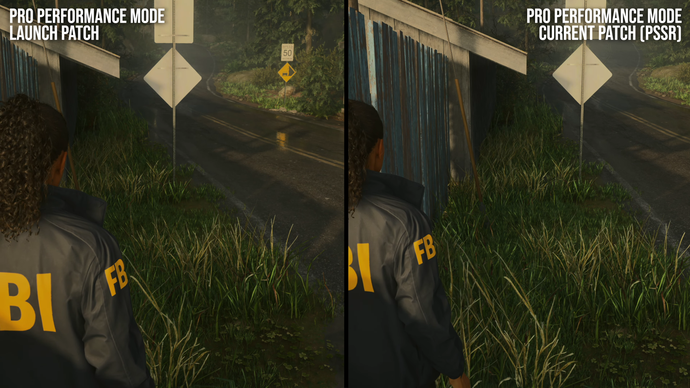 alan wake 2 on ps5 pro: launch vs current patch comparison screenshots, looking at foliage