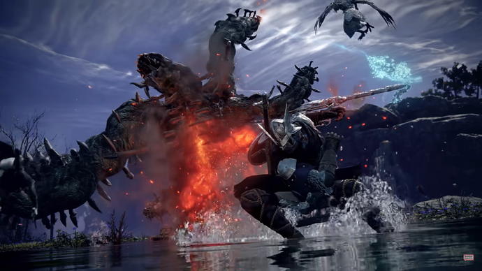 Elden Ring: Nightreign trailer screenshot showing a knight character fighting off a large beast