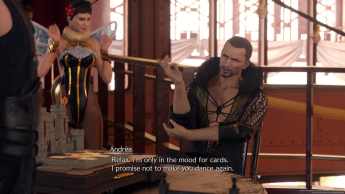 Final Fantasy 7 Rebirth screenshot showing Andrea challenging Cloud to a game of cards