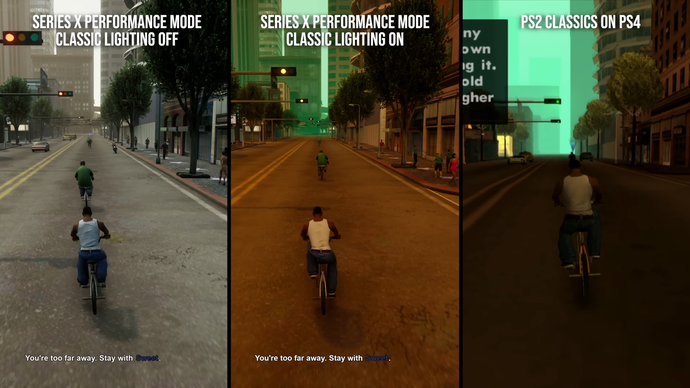 GTA DE classic lighting mode comparison screenshots (riding bike)