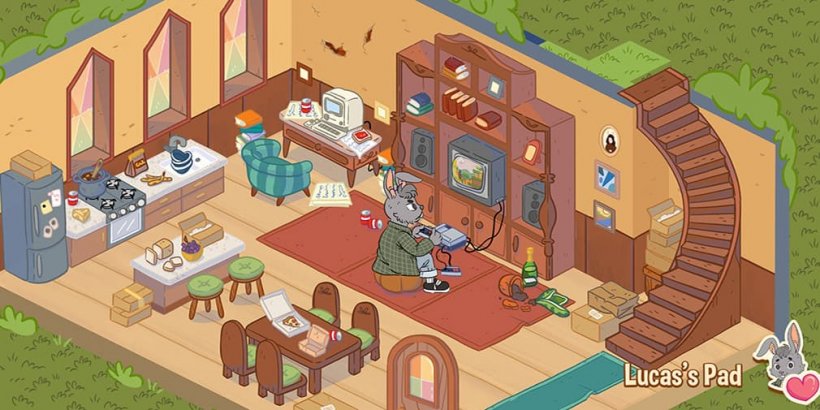 A messy one-room house with a grey rabbit sitting on the floor playing video games on an old school tv