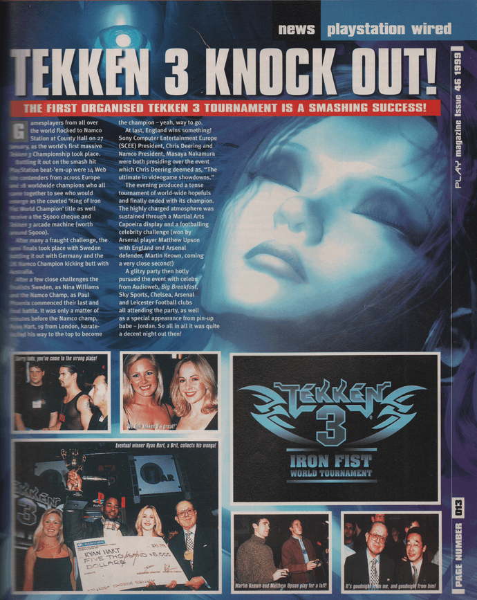 Magazine scan of a feature on Tekken 3 tournaments featuring Ryan Hart, titled: Tekken 3 knock out!