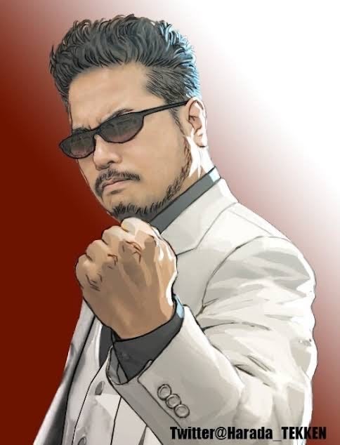 Katsuhiro Harada headshot, showing him holding his fist up at the camera and wearing trademark sunglasses and white suit, against red background, with some cel-shaded accents.