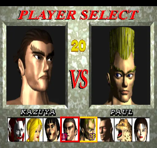 Tekken 1 screenshot showing Kazuya and Paul in the player select screen