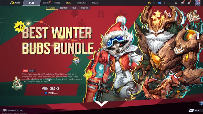 Marvel Rivals screenshot showing a chintsy Christmas premium bundle of skins worth about £17