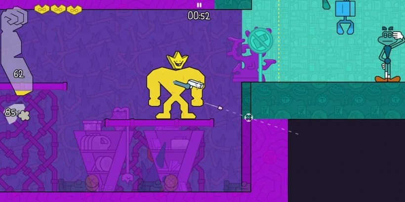 Muscular juiced up avatar shooting a gun while standing on a platform to the left of a blue and green creature