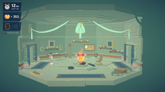 A screenshot from Mythwrecked showing an extravagantly decorated interior. There are banners and a chandelier, as well as rugs, pillows, shelves, and a roaring fire in the centre of the room.