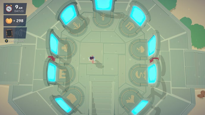 A screenshot from Mythwrecked showing a top-down view of a circle of mysteriously glowing doorways. Each doorway has a symbol in front of it.