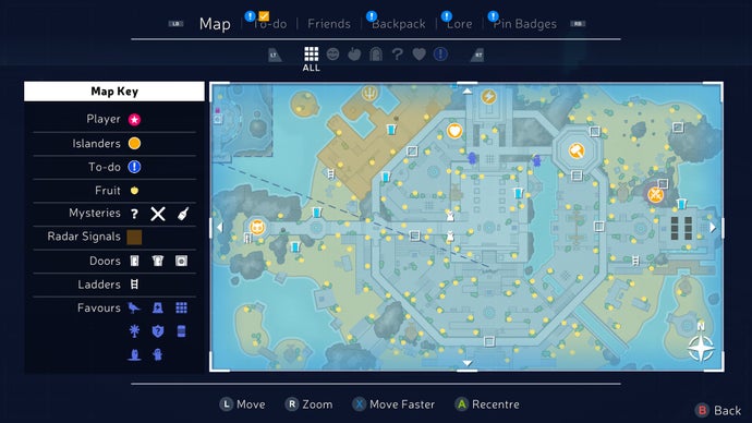 A screenshot from Mythwrecked showing the map. The island is roughly a circle, separated into different segments. There are large orange icons, blue symbols, and the entire map is dotted with yellow circles. The Map Key says: "Player / Islanders / To-do / Fruit / Mysteries / Radar Signals / Doors / Ladders / Favours."