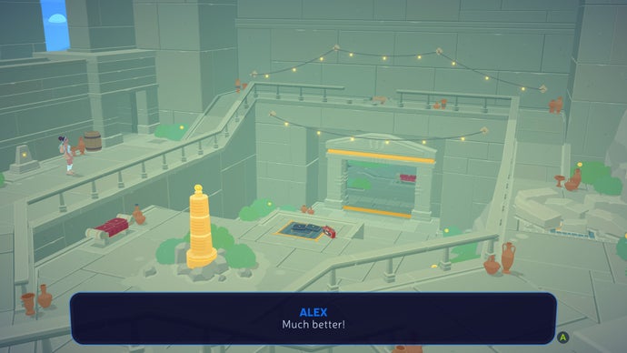 A screenshot from Mythwrecked showing a typical interior of the game: grey stone, blue sky, green bushes with yellow Ambrosia fruit growing on them. String lights are lit. The text says: "Alex: Much better!"