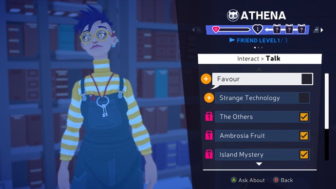 A screenshot from Mythwrecked showing the chat interaction screen. At the top it tells you the person you're talking to, Athena, your "Friend Level", and a selection of chat prompts: "Favour / Strange Technology / The Others / Ambrosia Fruit / Island Mystery"