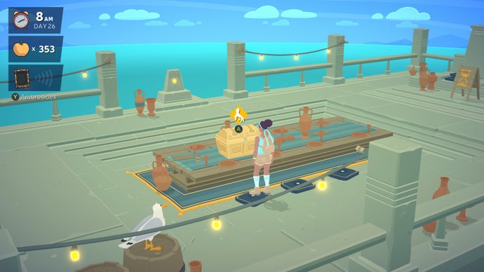 A screenshot from Mythwrecked showing the lead character looking at a treasure chest on an empty table. An icon of a hand and an "A" prompt is on top of the chest. In the background is turquoise water.