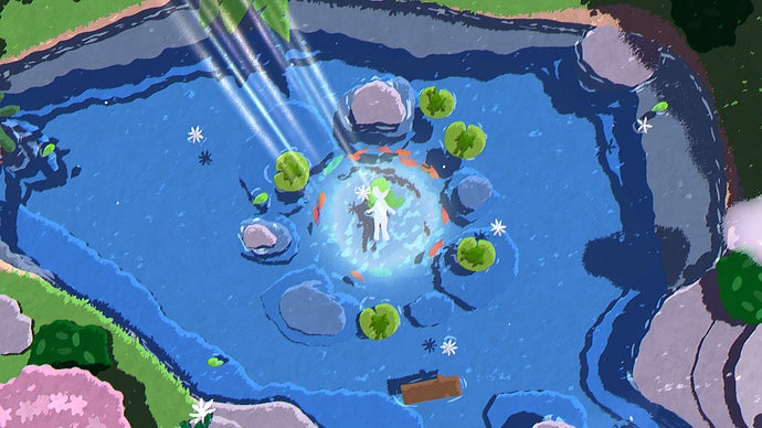 Naiad bathes in a pool of light in the middle of a river in Naiad.