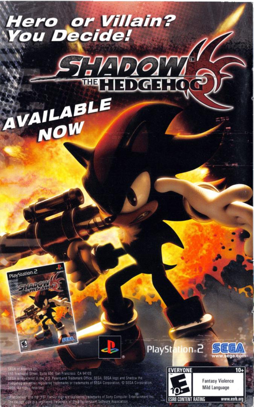 An advert for Shadow the Hedgehog, featuring Shadow growling while holding a large gun in front of an explosion. The ad says players can decide if he's a hero or villain.