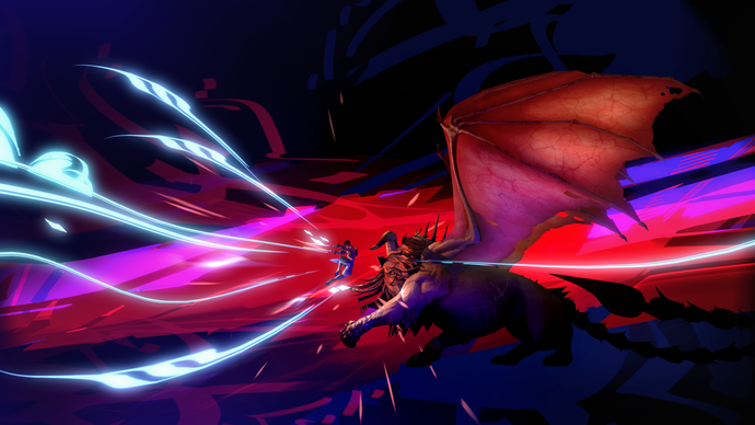 Prince of Persia The Lost Crown official screenshot showing Sargon battling a winged monster boss, using a super attack in a flashy cutscene animation against a black and purple background.