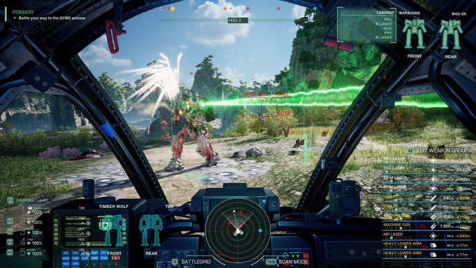 MechWarrior 5: Clans official screenshot showing an enemy mech through your own visor being shot with a green laser