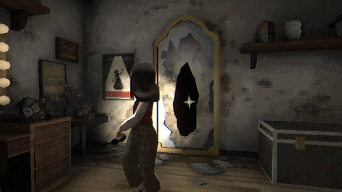 A young girl looks over her shoulder to shine a torch on a broken mirror, which hides a hidden pathway behind the wall, in Fear the Spotlight.