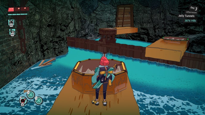 In a dungeon in Dungeons of Hinterberg, the player stands on a rotating platform above a lake.