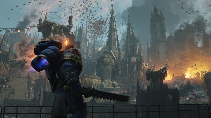 A screenshot of Warhammer 40,000: Space Marine 2, showing Titus looking out at a Hive City's gothic rooftops, with swarms of airbone Tyranids fluttering between the spires.