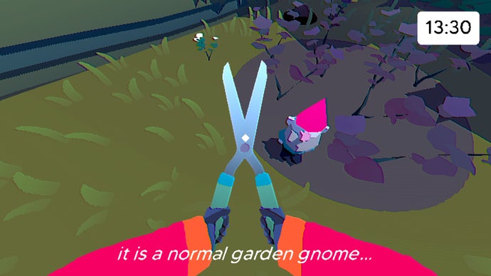 The player holds a pair of shears in front of "a normal garden gnome" in Grunn