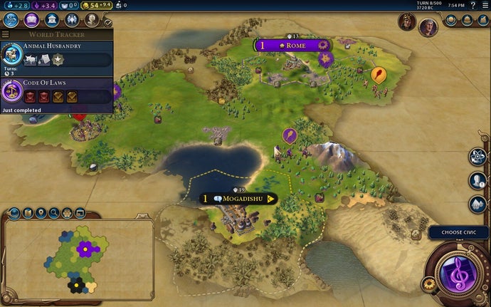 A top down map of a Civilization 6 game involving Rome and Mogadishu