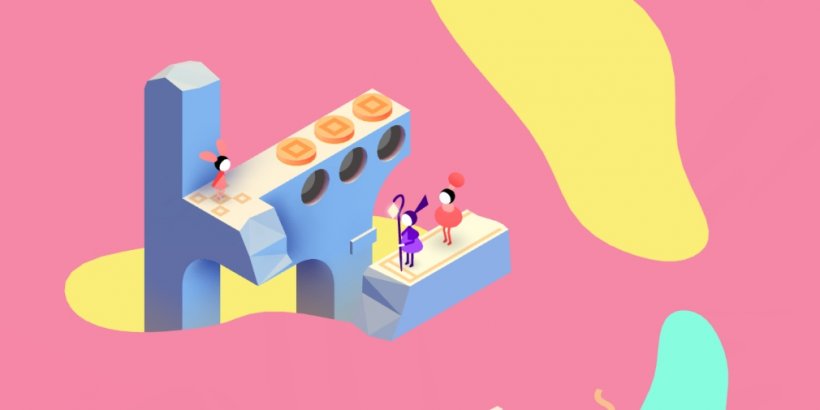 Three characters in Monument Valley three walking along thin beams with a pink background