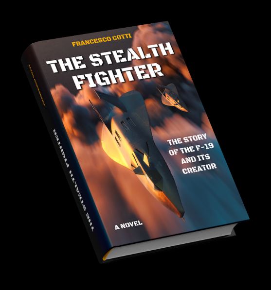 A photo of Francesco Cotti's book The Stealth Fighter, which has an image the fictional F-19 fighter plane zooming through some clouds on the front of it.