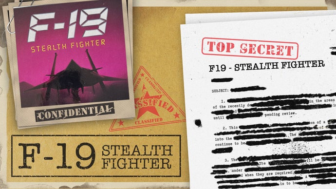 A top secret dossier-style file on the F-19 Stealth Fighter game. It's a fictional dossier created to illustrate this article. There's a polaroid picture of the game's key art in the top left and a mostly redacted page of typed writing on the right-hand side, with the words "Top Secret" stamped on top. It looks legit to me.