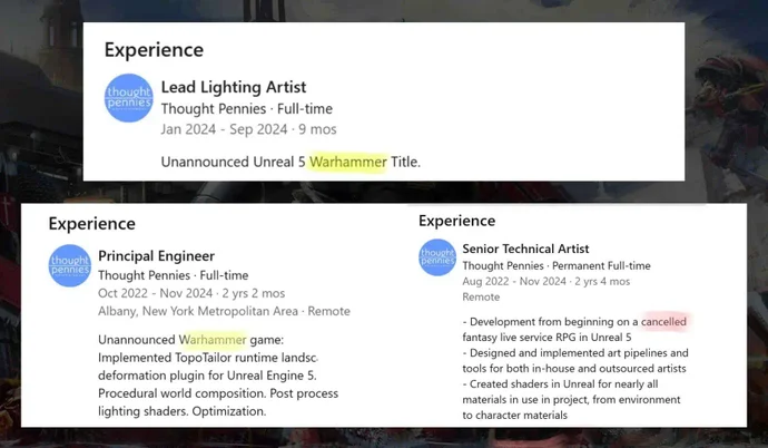 LinkedIn posts mentioning a "cancelled" game and an "unannounced Warhammer" project